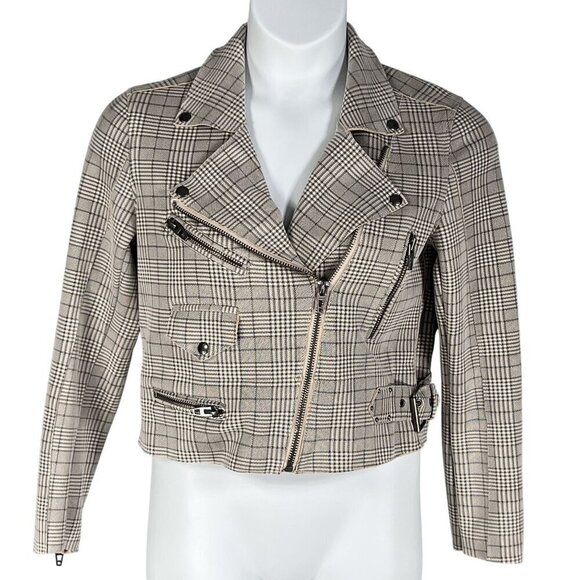Blank NYC Jackets & Blazers - BlankNYC S Windowpane Plaid Moto Jacket Asymmetrical Zip Pockets Faux Suede Chic